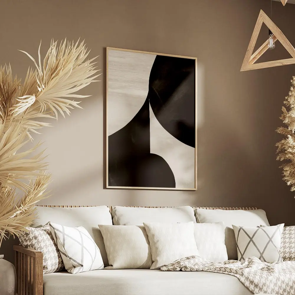 affiche abstraite minimaliste avec des formes graphiques organiques en noir et b salon.webp