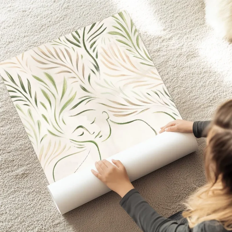 affiche abstraite minimaliste dun portrait en vert et brun avec des feuilles sty au sol.webp