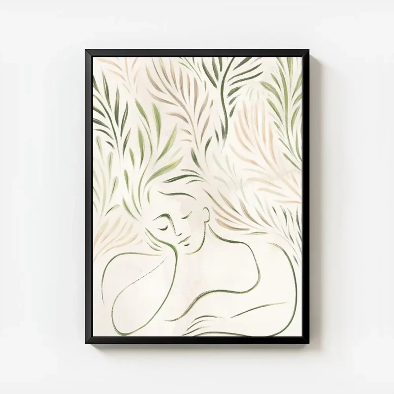 affiche abstraite minimaliste dun portrait en vert et brun avec des feuilles sty avec cadre.webp