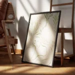 affiche abstraite minimaliste dun portrait en vert et brun avec des feuilles sty encadre.webp
