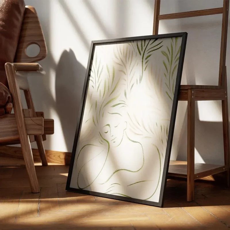 affiche abstraite minimaliste dun portrait en vert et brun avec des feuilles sty encadre.webp