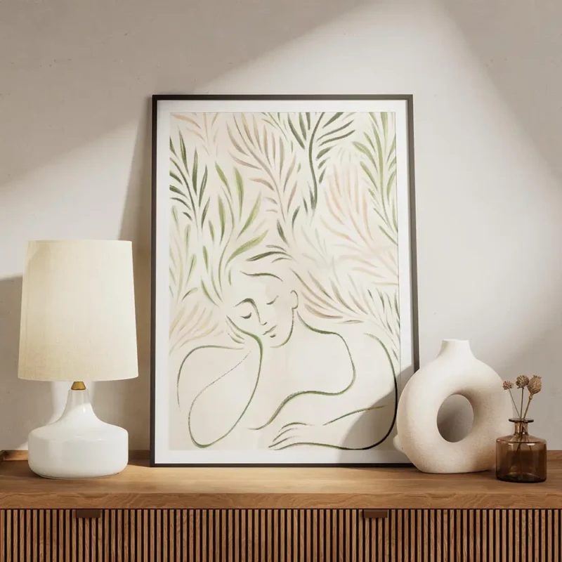 affiche abstraite minimaliste dun portrait en vert et brun avec des feuilles sty meuble.webp