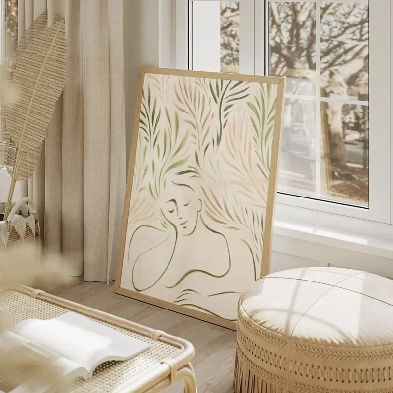 affiche abstraite minimaliste dun portrait en vert et brun avec des feuilles sty salon beige.webp