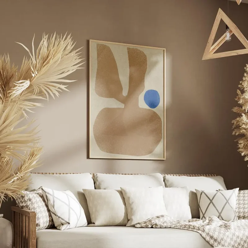 affiche abstraite minimaliste expressive aux formes organiques beige et boule bl salon.webp