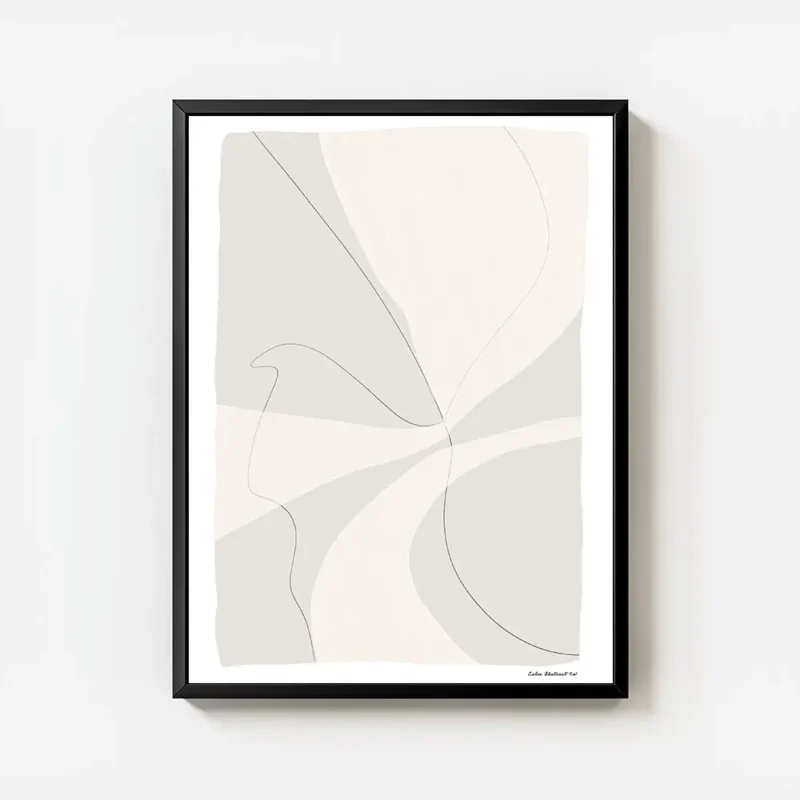 affiche abstraite moderne en tons beiges et gris avec des formes organiques et d avec cadre.webp