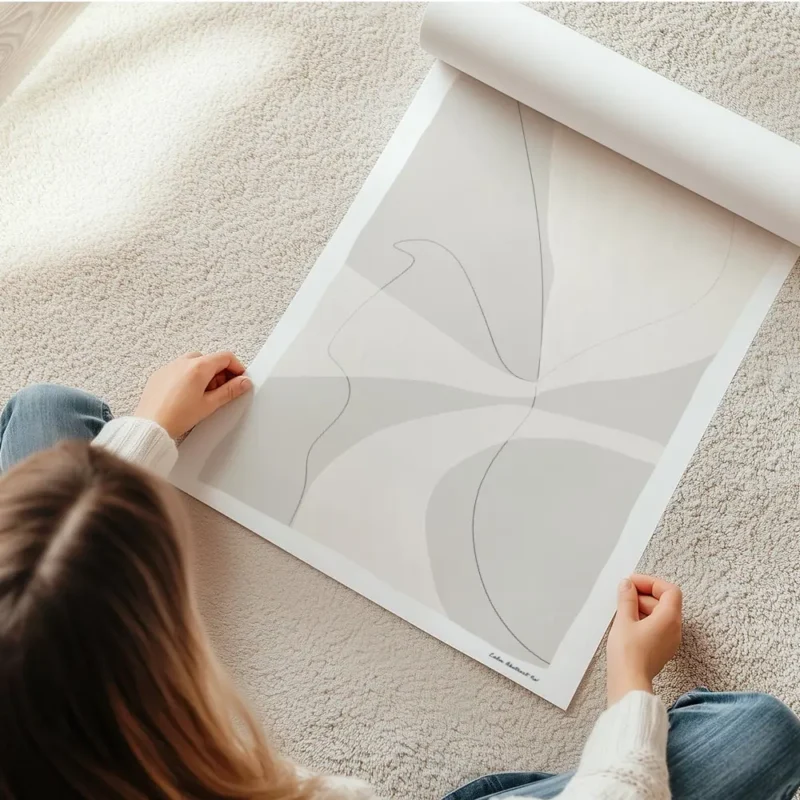 affiche abstraite moderne en tons beiges et gris avec des formes organiques et d en rouleau.webp