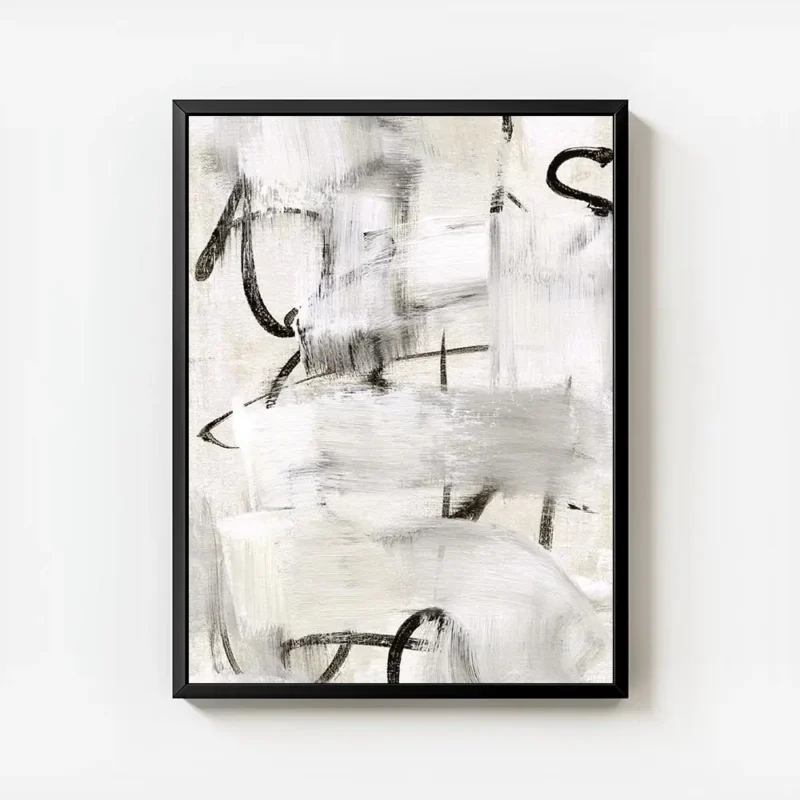 affiche abstraite monochrome avec des coups de pinceau noirs et blancs et du tex avec cadre.webp