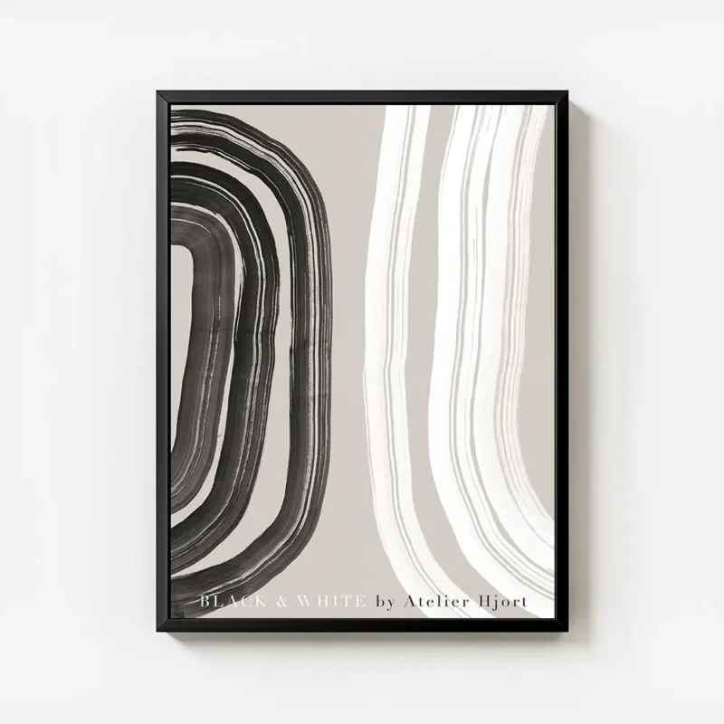 affiche abstraite noir et blanc avec des formes epaisses et organiques sur un fo avec cadre.webp