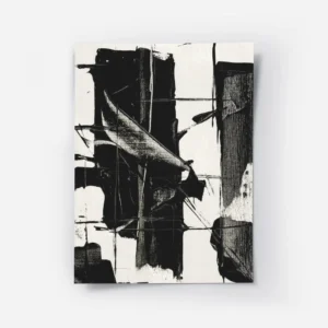 affiche abstraite noir et blanc avec des formes organiques et des coups de pince.webp