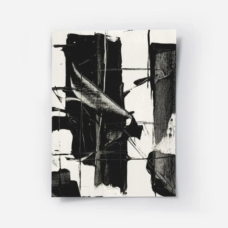 affiche abstraite noir et blanc avec des formes organiques et des coups de pince.webp