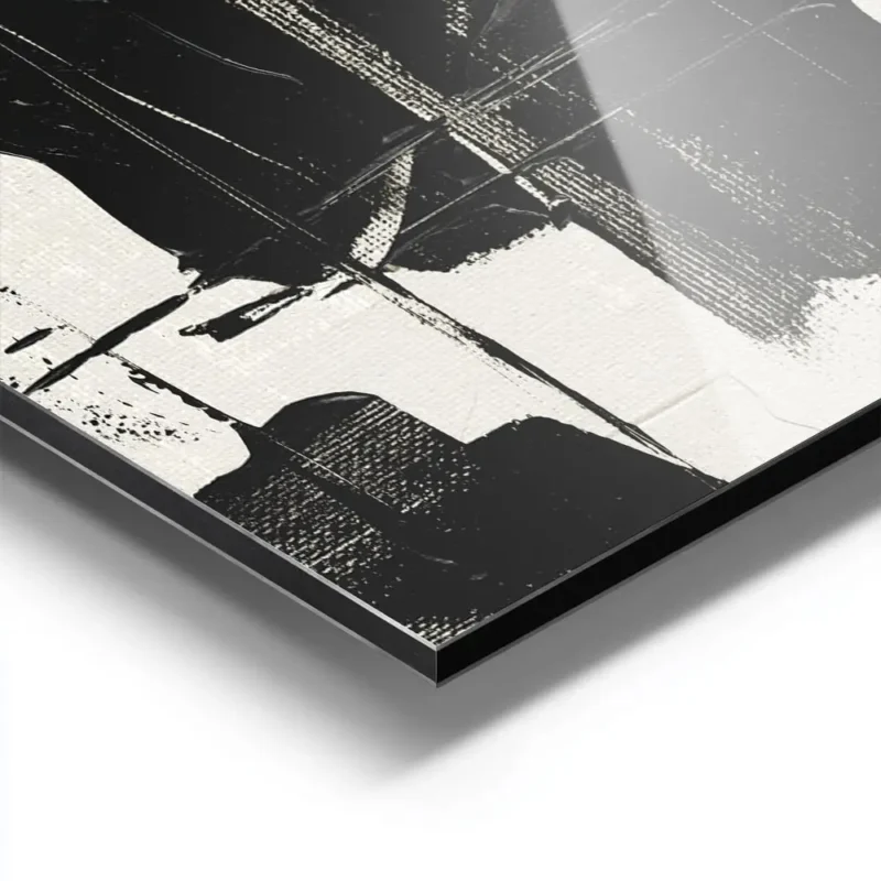 affiche abstraite noir et blanc avec des formes organiques et des coups de pince aluminium.webp