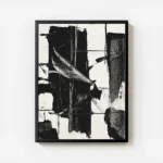 affiche abstraite noir et blanc avec des formes organiques et des coups de pince avec cadre.webp