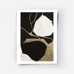 affiche abstraite noire et blanche avec des formes organiques et des details dor.webp