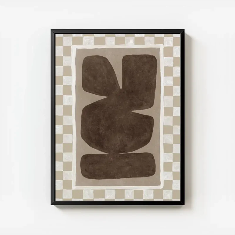 affiche abstraite peinte a la main avec formes organiques marron sur fond beige avec cadre.webp