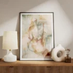 affiche abstraite representant une silhouette feminine aux teintes naturelles de meuble.webp