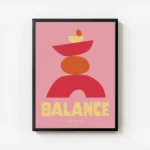 affiche abstraite rose avec des formes empilees rouges jaunes et oranges represe avec cadre.webp