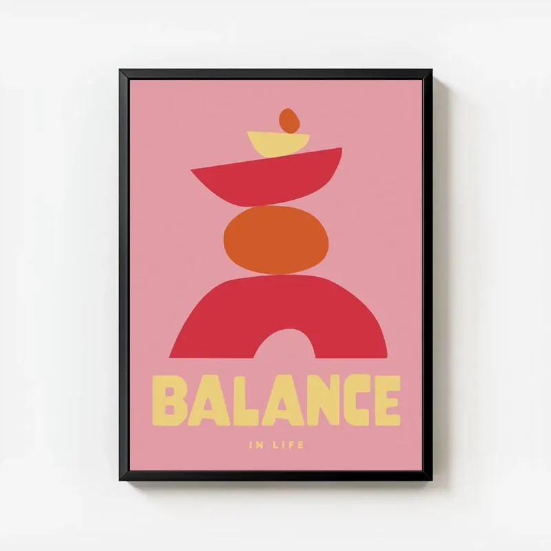 affiche abstraite rose avec des formes empilees rouges jaunes et oranges represe avec cadre.webp