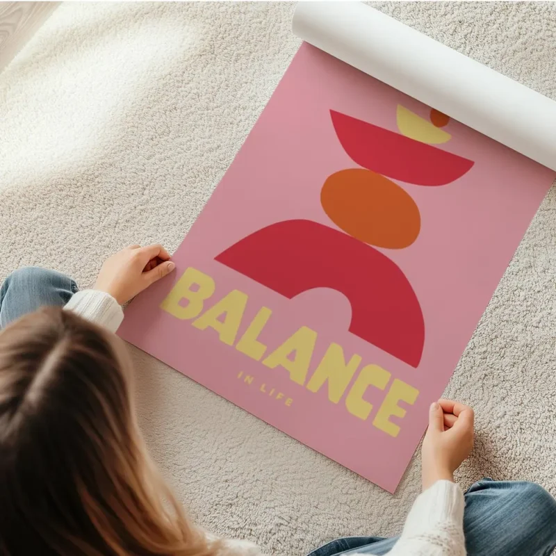 affiche abstraite rose avec des formes empilees rouges jaunes et oranges represe en rouleau.webp