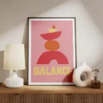 affiche abstraite rose avec des formes empilees rouges jaunes et oranges represe meuble.webp
