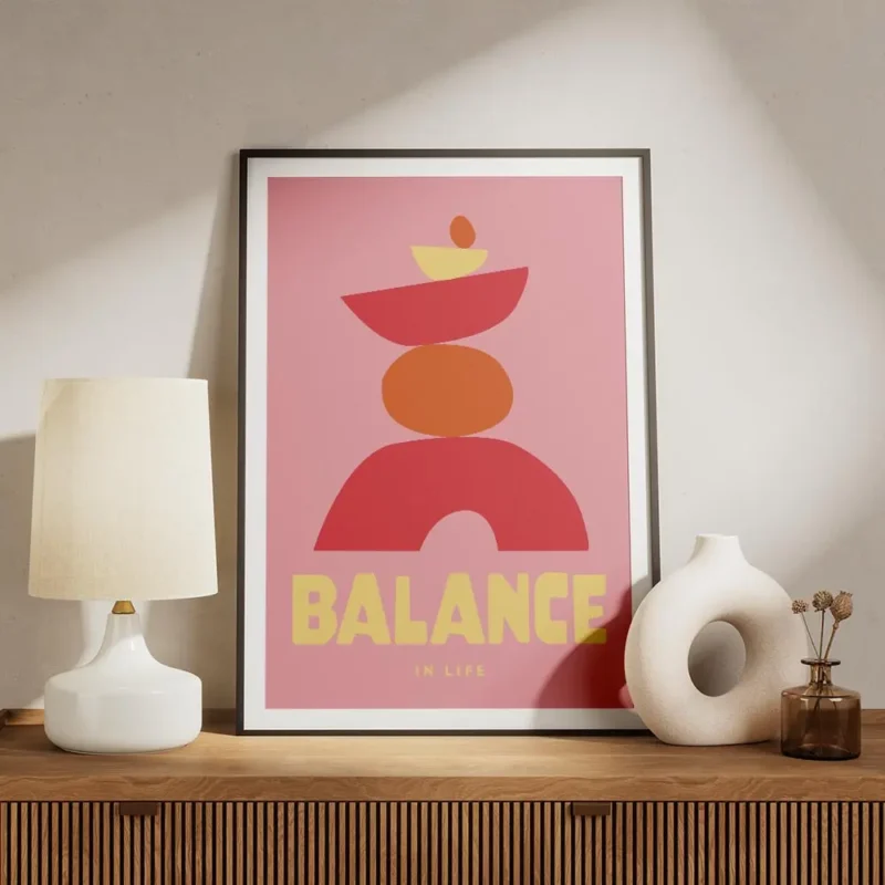 affiche abstraite rose avec des formes empilees rouges jaunes et oranges represe meuble.webp