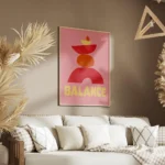 affiche abstraite rose avec des formes empilees rouges jaunes et oranges represe salon.webp