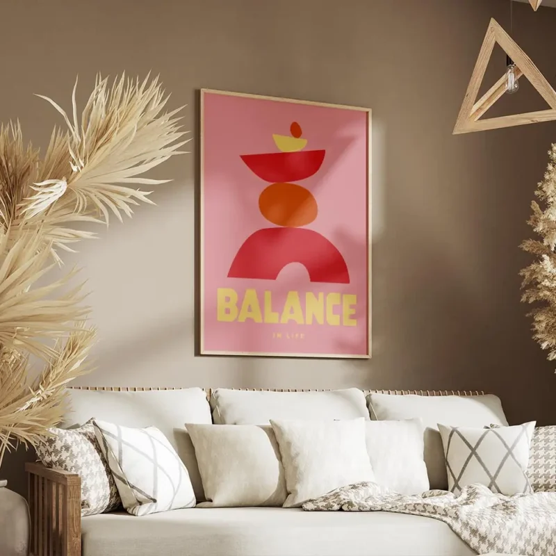 affiche abstraite rose avec des formes empilees rouges jaunes et oranges represe salon.webp
