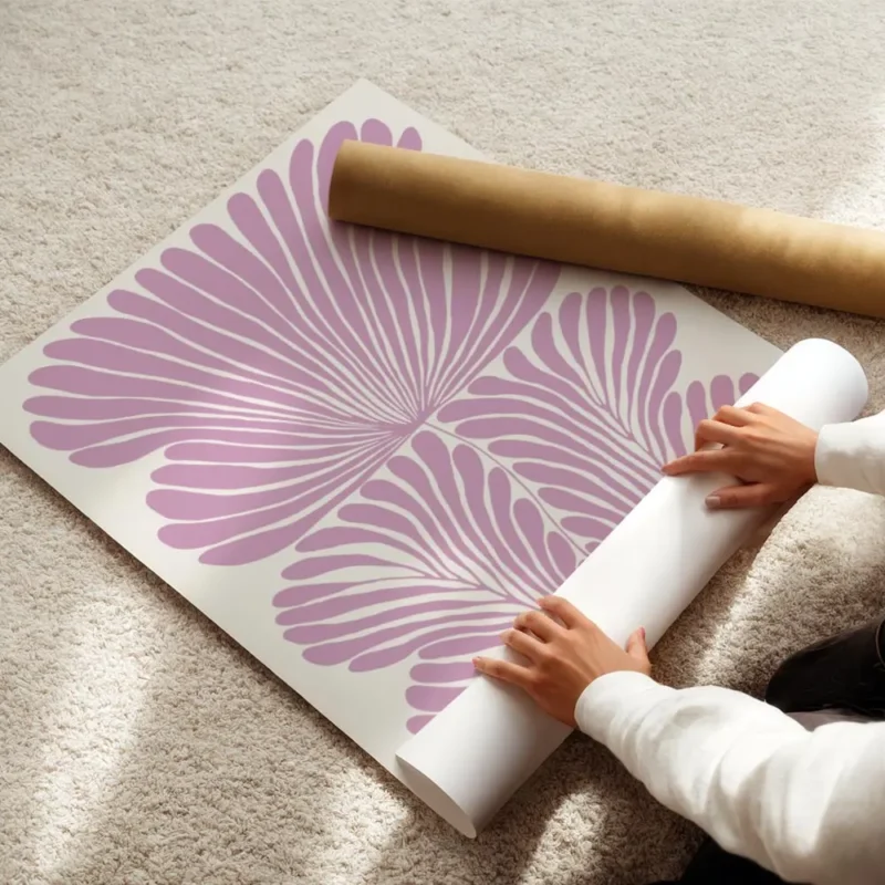affiche abstraite rose pastel avec des formes organiques de fleur stylisees sur enroule.webp