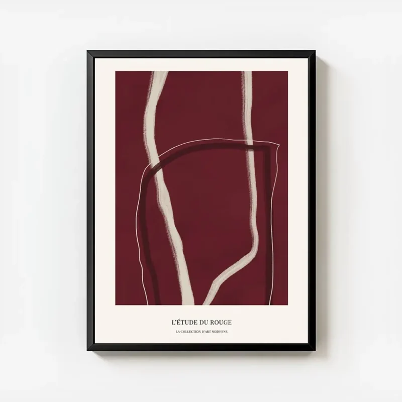 affiche abstraite rouge no1 avec des lignes claires sur fond rouge fonce et text avec cadre.webp
