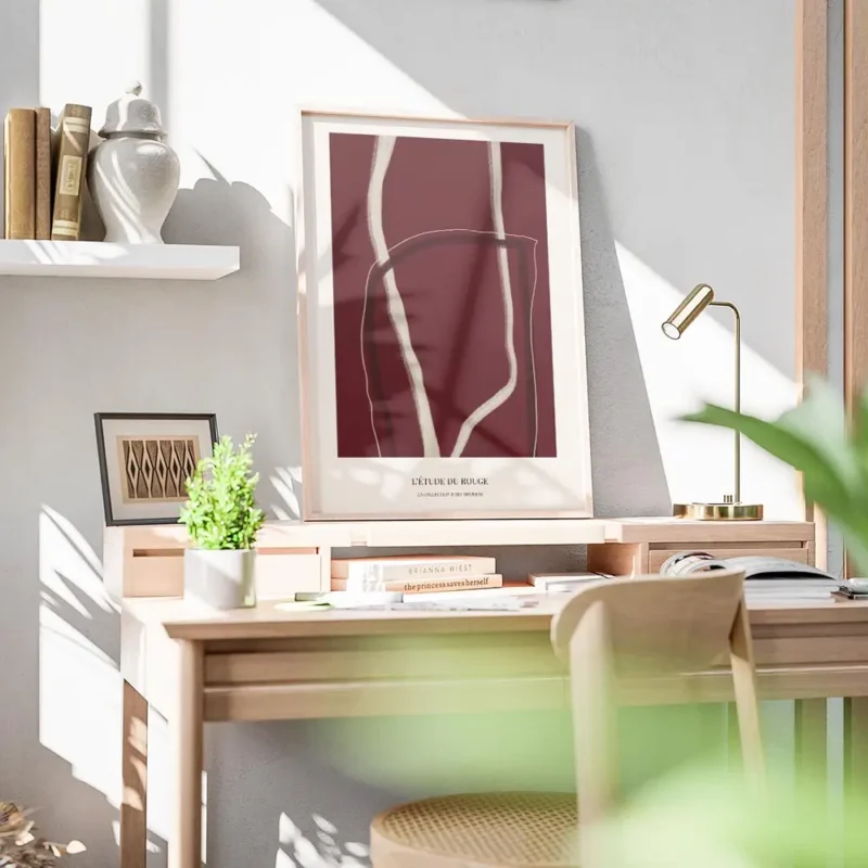 affiche abstraite rouge no1 avec des lignes claires sur fond rouge fonce et text bureau.webp