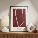 affiche abstraite rouge no1 avec des lignes claires sur fond rouge fonce et text meuble.webp