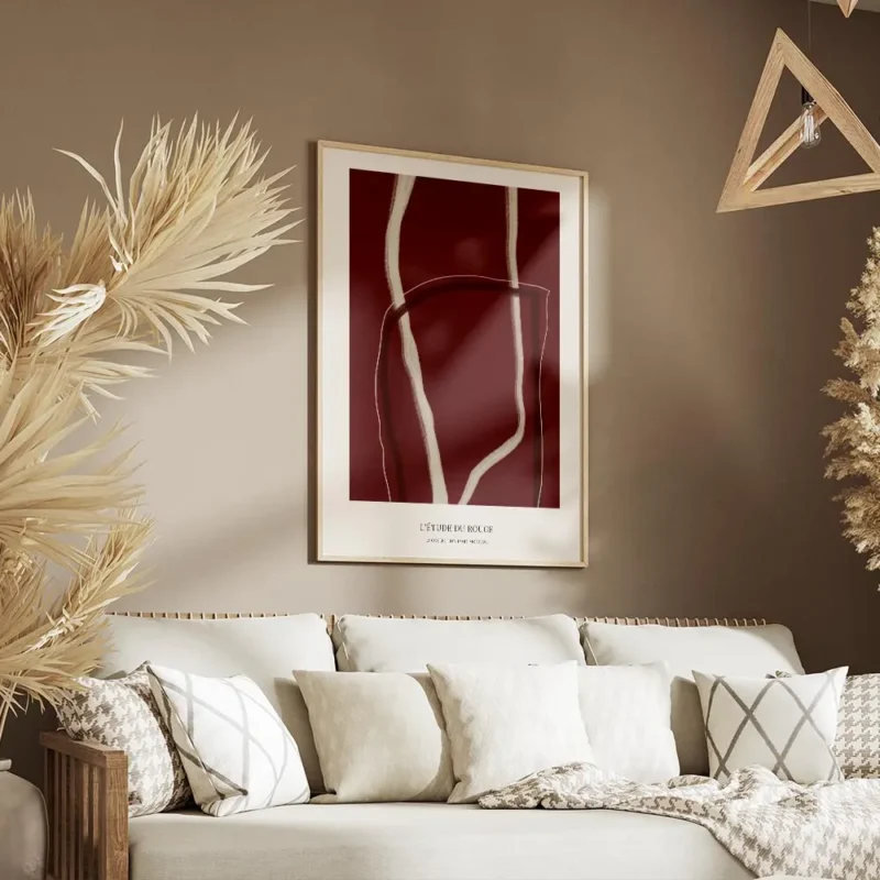affiche abstraite rouge no1 avec des lignes claires sur fond rouge fonce et text salon.webp