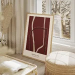affiche abstraite rouge no1 avec des lignes claires sur fond rouge fonce et text salon beige.webp