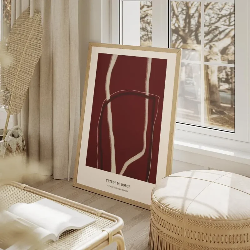 affiche abstraite rouge no1 avec des lignes claires sur fond rouge fonce et text salon beige.webp
