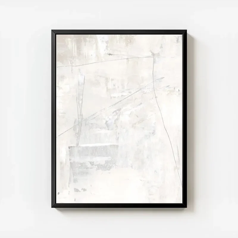affiche abstraite texture acrylique blanc et beige clair avec des lignes fines e avec cadre.webp