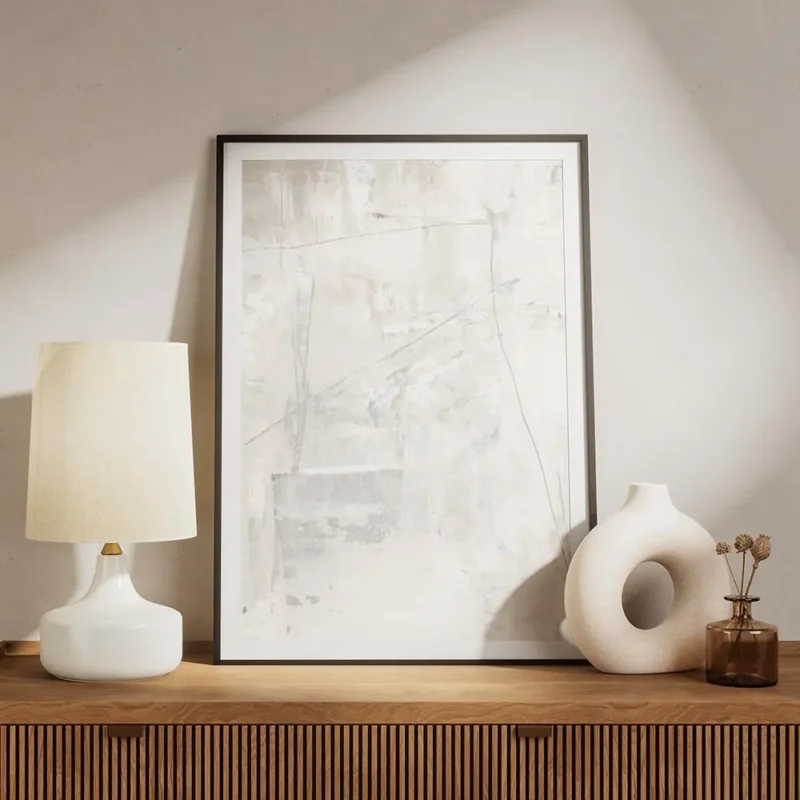 affiche abstraite texture acrylique blanc et beige clair avec des lignes fines e meuble.webp