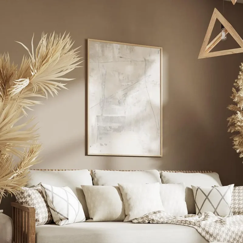 affiche abstraite texture acrylique blanc et beige clair avec des lignes fines e salon.webp