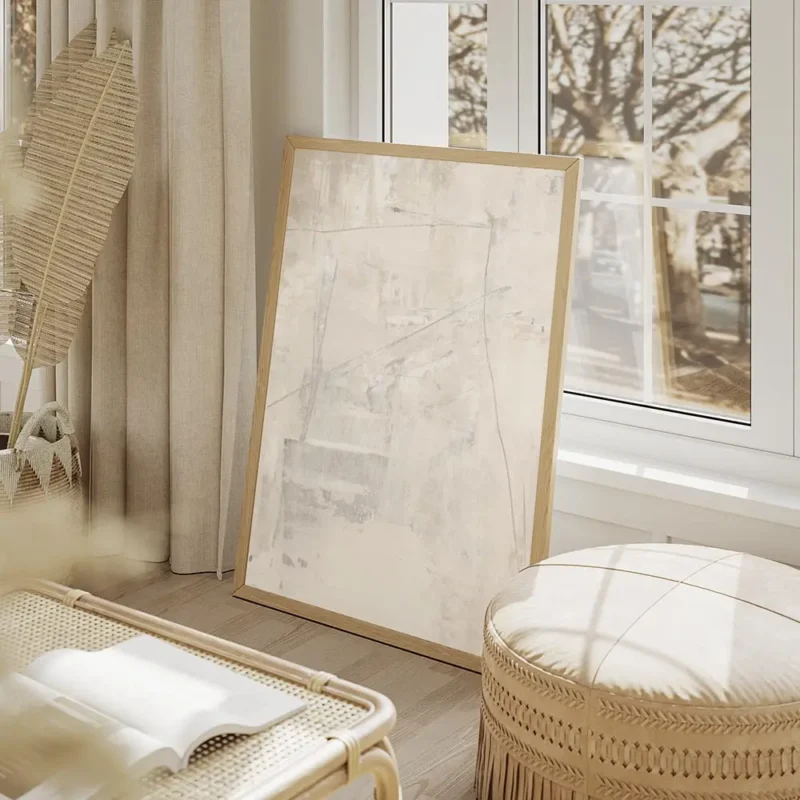 affiche abstraite texture acrylique blanc et beige clair avec des lignes fines e salon beige.webp