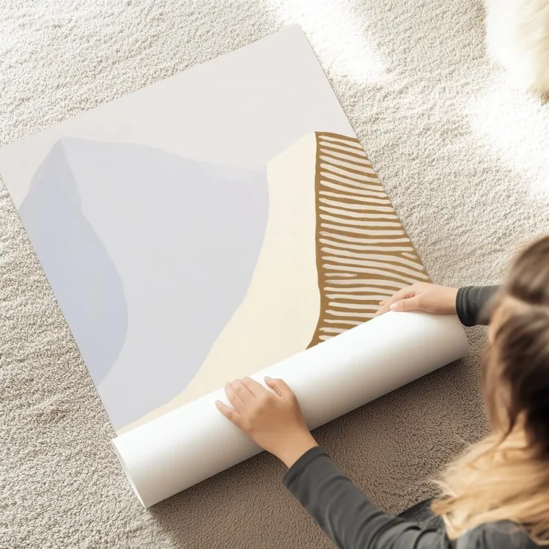 affiche abstraite tons beige vert et marron avec formes ondulees et typographie au sol.webp