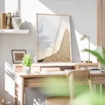 affiche abstraite tons beige vert et marron avec formes ondulees et typographie bureau.webp