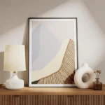 affiche abstraite tons beige vert et marron avec formes ondulees et typographie meuble.webp