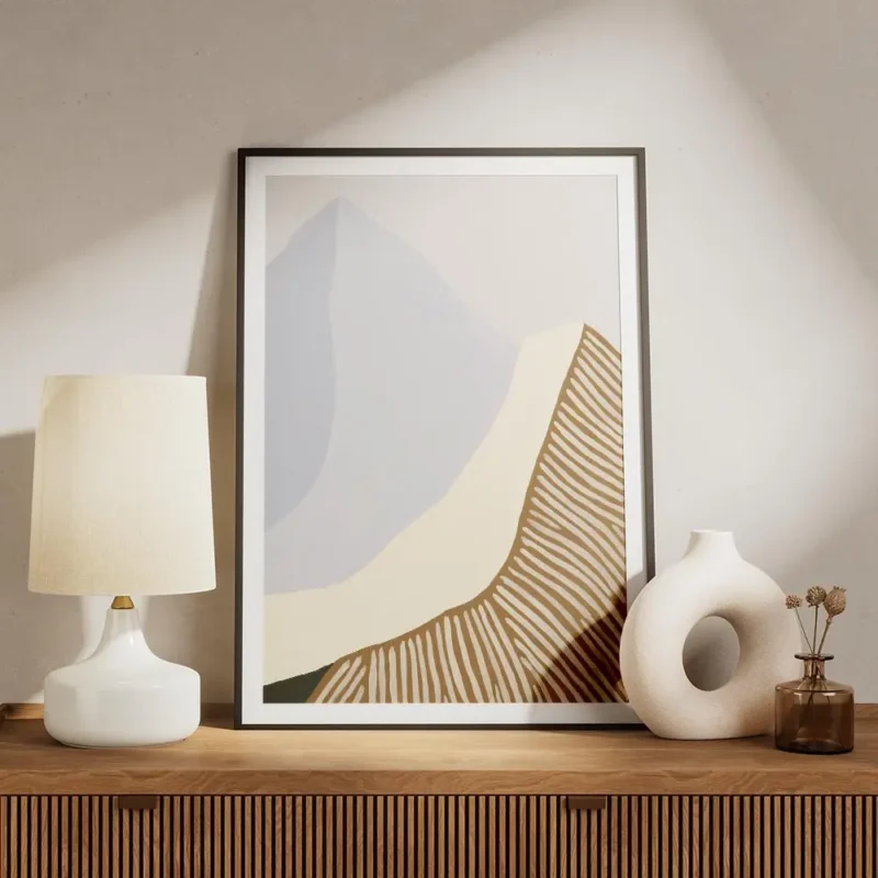 affiche abstraite tons beige vert et marron avec formes ondulees et typographie meuble.webp