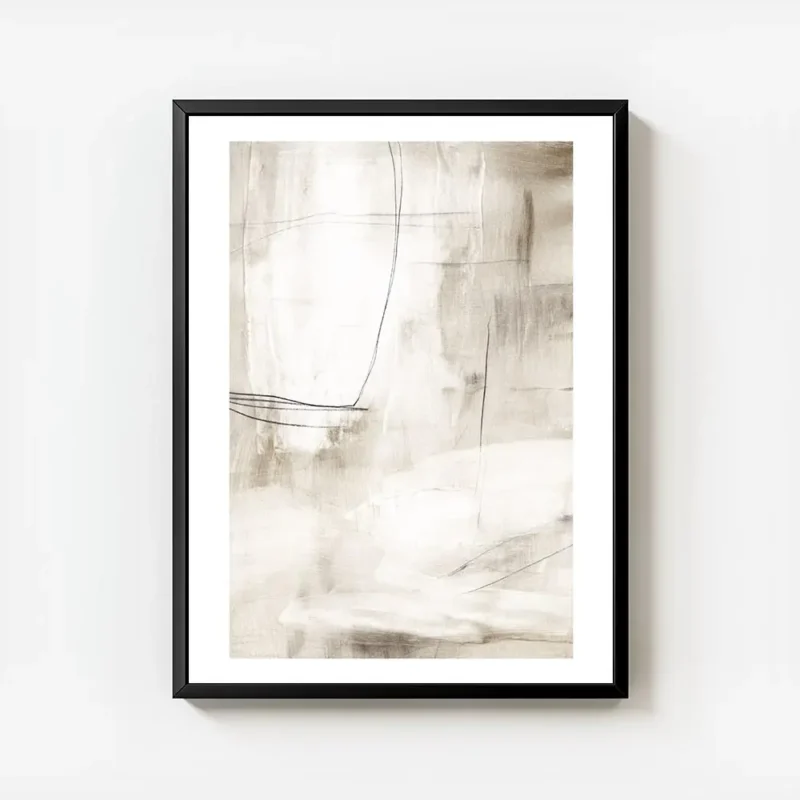 affiche abstraite tons terreux avec des traits fins de graphite aspect texture avec cadre.webp