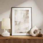 affiche abstraite tons terreux avec des traits fins de graphite aspect texture meuble.webp