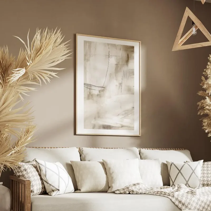 affiche abstraite tons terreux avec des traits fins de graphite aspect texture salon.webp
