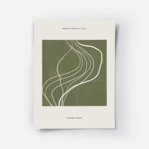 affiche abstraite vert fonce avec des lignes et des taches blanches sur fond bei.webp