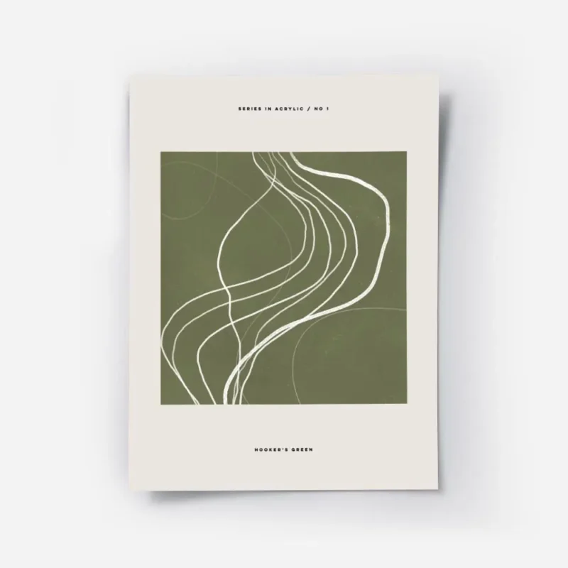 affiche abstraite vert fonce avec des lignes et des taches blanches sur fond bei.webp