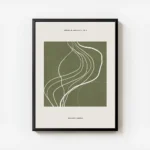 affiche abstraite vert fonce avec des lignes et des taches blanches sur fond bei avec cadre.webp