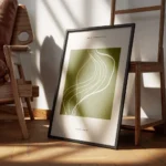 affiche abstraite vert fonce avec des lignes et des taches blanches sur fond bei encadre.webp