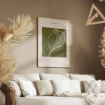 affiche abstraite vert fonce avec des lignes et des taches blanches sur fond bei salon.webp