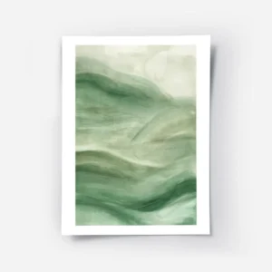 affiche abstraite vert foret avec des coups de pinceau creant des vagues.webp